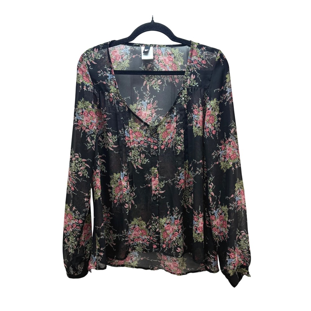 Love Squared Floral Blouse Size‎ L Black Pink Sheer V-Neck Button Front Top
